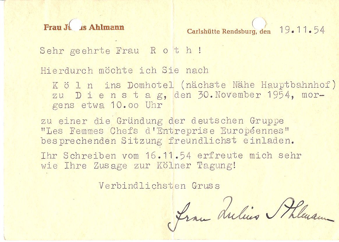 Einladung zur Gründungsversammlung, verfasst von Käte Ahlmann und unterzeichnet mit ihrem Geschäftsnamen.